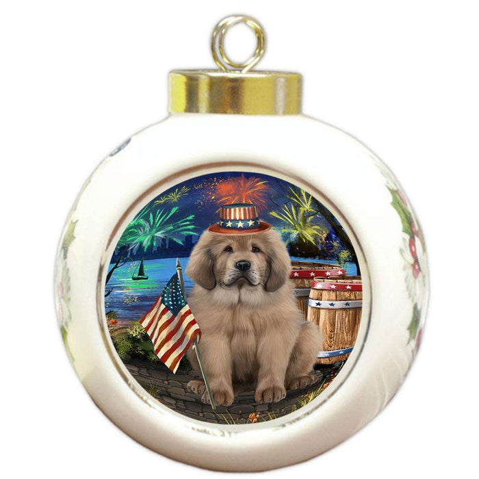 4th of July Independence Day Firework Tibetan Mastiff Dog Round Ball Christmas Ornament RBPOR54095