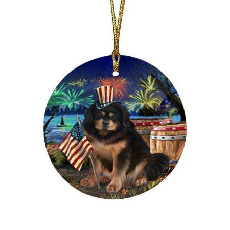 4th of July Independence Day Firework Tibetan Mastiff Dog Round Flat Christmas Ornament RFPOR54082