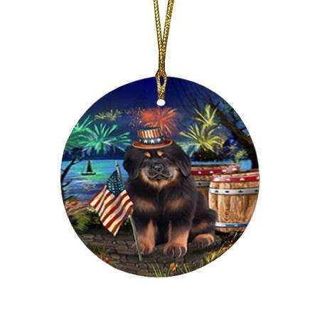 4th of July Independence Day Firework Tibetan Mastiff Dog Round Flat Christmas Ornament RFPOR54083