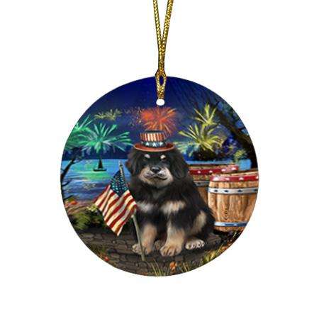 4th of July Independence Day Firework Tibetan Mastiff Dog Round Flat Christmas Ornament RFPOR54084