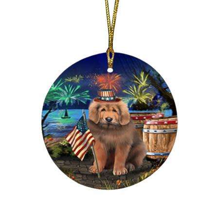 4th of July Independence Day Firework Tibetan Mastiff Dog Round Flat Christmas Ornament RFPOR54085