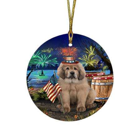 4th of July Independence Day Firework Tibetan Mastiff Dog Round Flat Christmas Ornament RFPOR54086