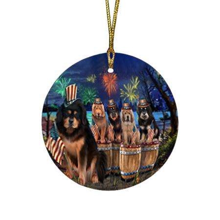 4th of July Independence Day Firework Tibetan Mastiffs Dog Round Flat Christmas Ornament RFPOR54110