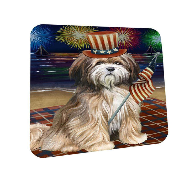 4th of July Independence Day Firework Tibetan Terrier Dog Coasters Set of 4 CST49678