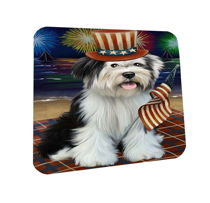 4th of July Independence Day Firework Tibetan Terrier Dog Coasters Set of 4 CST49680