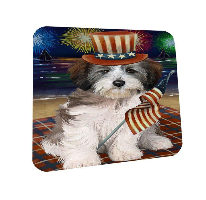 4th of July Independence Day Firework Tibetan Terrier Dog Coasters Set of 4 CST49681
