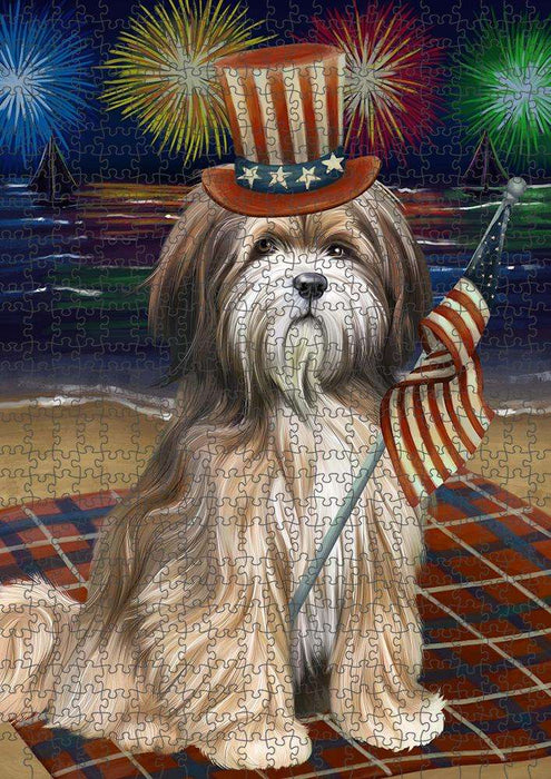 4th of July Independence Day Firework Tibetan Terrier Dog Puzzle with Photo Tin PUZL52560