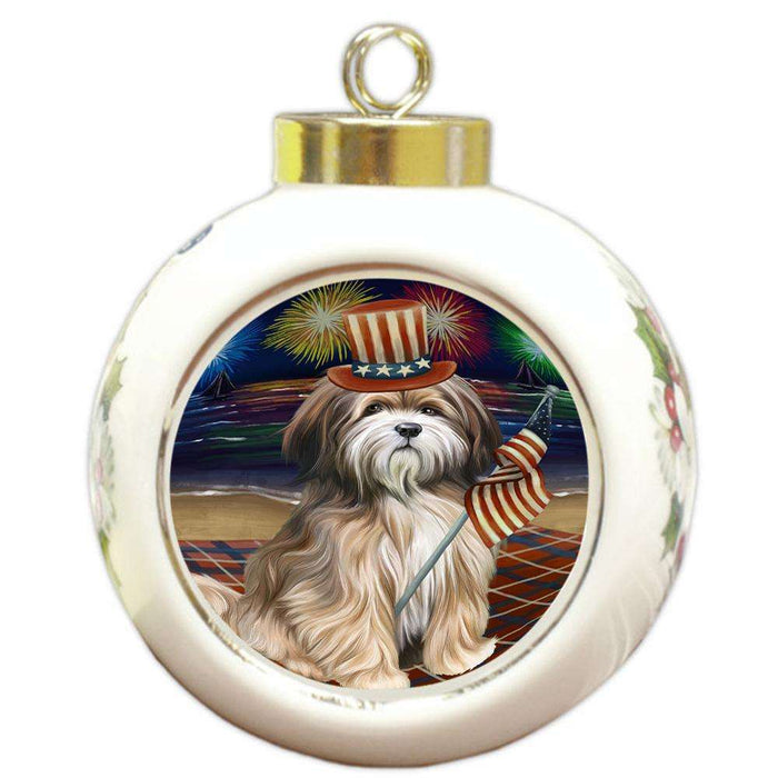 4th of July Independence Day Firework Tibetan Terrier Dog Round Ball Christmas Ornament RBPOR49618
