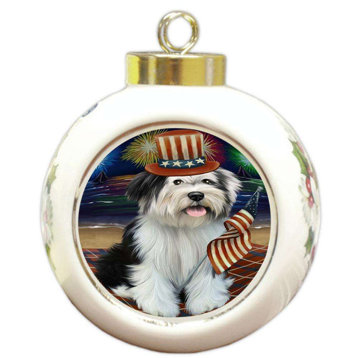 4th of July Independence Day Firework Tibetan Terrier Dog Round Ball Christmas Ornament RBPOR49620
