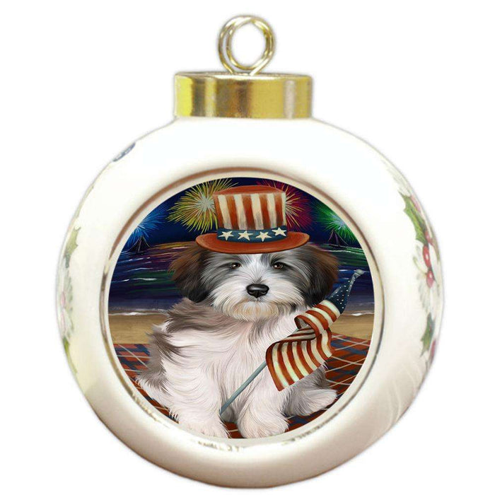 4th of July Independence Day Firework Tibetan Terrier Dog Round Ball Christmas Ornament RBPOR49621