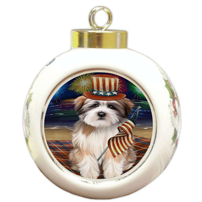 4th of July Independence Day Firework Tibetan Terrier Dog Round Ball Christmas Ornament RBPOR49622