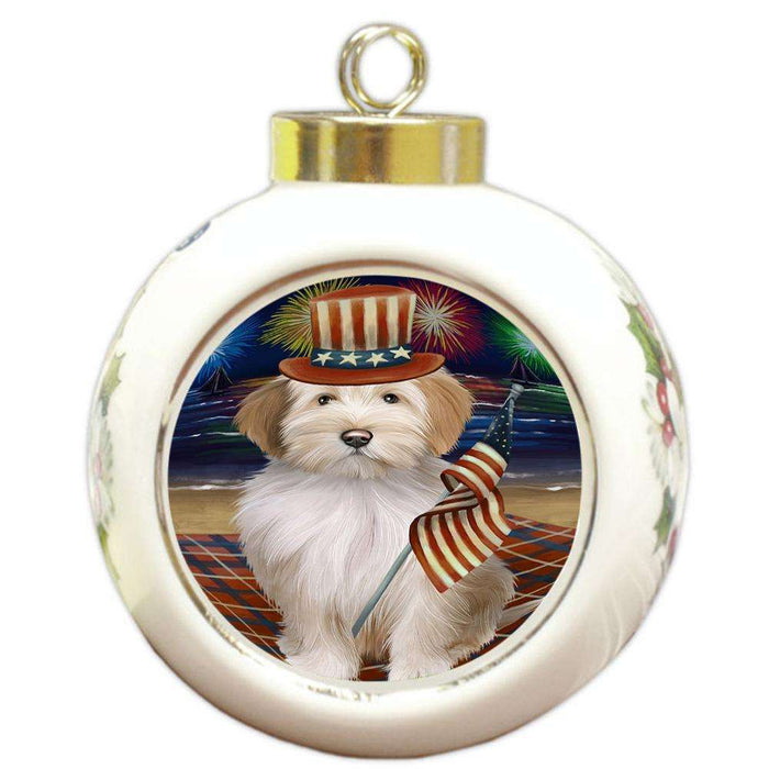 4th of July Independence Day Firework Tibetan Terrier Dog Round Ball Christmas Ornament RBPOR49623