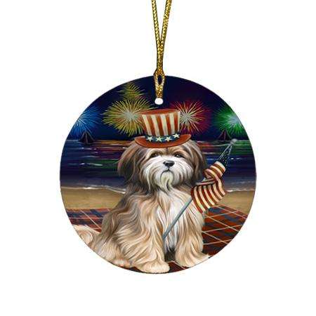 4th of July Independence Day Firework Tibetan Terrier Dog Round Flat Christmas Ornament RFPOR49609