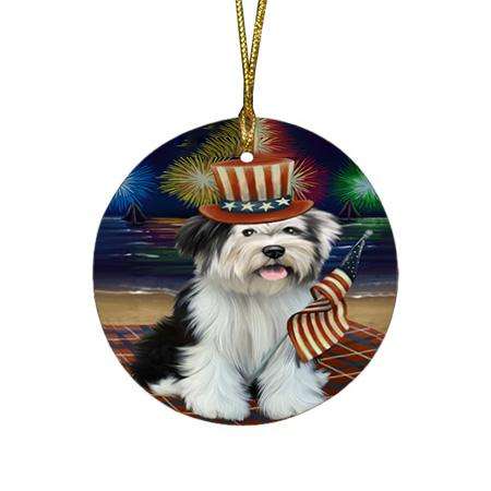 4th of July Independence Day Firework Tibetan Terrier Dog Round Flat Christmas Ornament RFPOR49611
