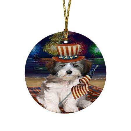 4th of July Independence Day Firework Tibetan Terrier Dog Round Flat Christmas Ornament RFPOR49612