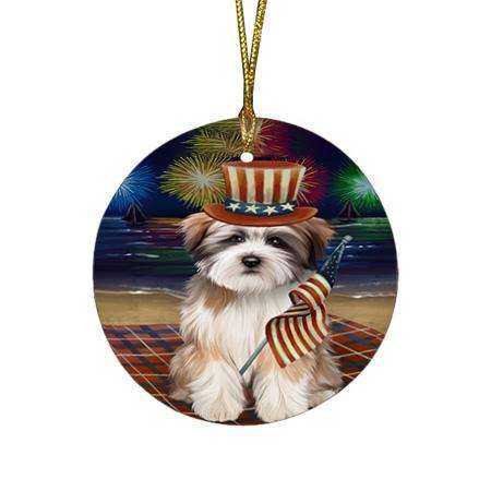 4th of July Independence Day Firework Tibetan Terrier Dog Round Flat Christmas Ornament RFPOR49613