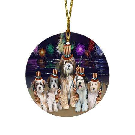 4th of July Independence Day Firework Tibetan Terriers Dog Round Flat Christmas Ornament RFPOR49610
