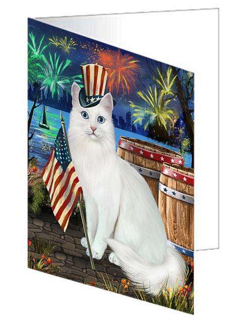 4th of July Independence Day Firework Turkish Angora Cat Handmade Artwork Assorted Pets Greeting Cards and Note Cards with Envelopes for All Occasions and Holiday Seasons GCD66317