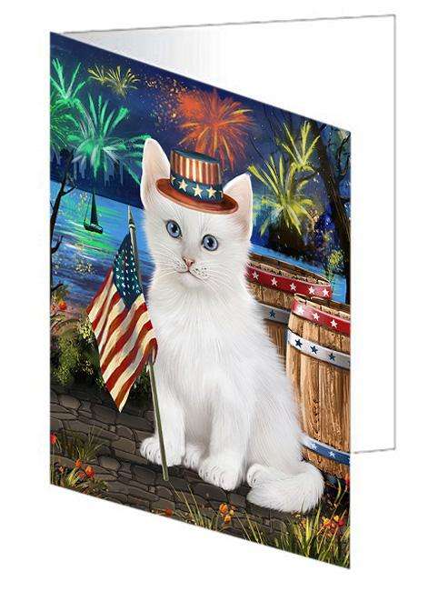 4th of July Independence Day Firework Turkish Angora Cat Handmade Artwork Assorted Pets Greeting Cards and Note Cards with Envelopes for All Occasions and Holiday Seasons GCD66320