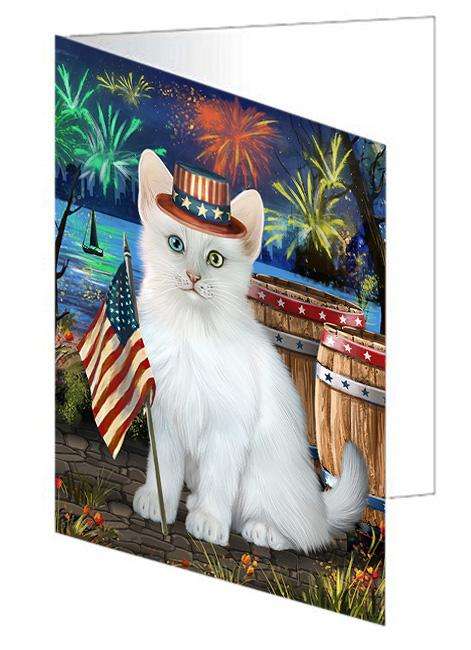 4th of July Independence Day Firework Turkish Angora Cat Handmade Artwork Assorted Pets Greeting Cards and Note Cards with Envelopes for All Occasions and Holiday Seasons GCD66323