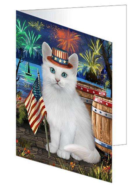 4th of July Independence Day Firework Turkish Angora Cat Handmade Artwork Assorted Pets Greeting Cards and Note Cards with Envelopes for All Occasions and Holiday Seasons GCD66326