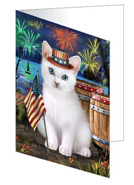 4th of July Independence Day Firework Turkish Angora Cat Handmade Artwork Assorted Pets Greeting Cards and Note Cards with Envelopes for All Occasions and Holiday Seasons GCD66329