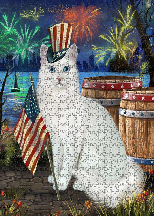 4th of July Independence Day Firework Turkish Angora Cat Puzzle with Photo Tin PUZL83540