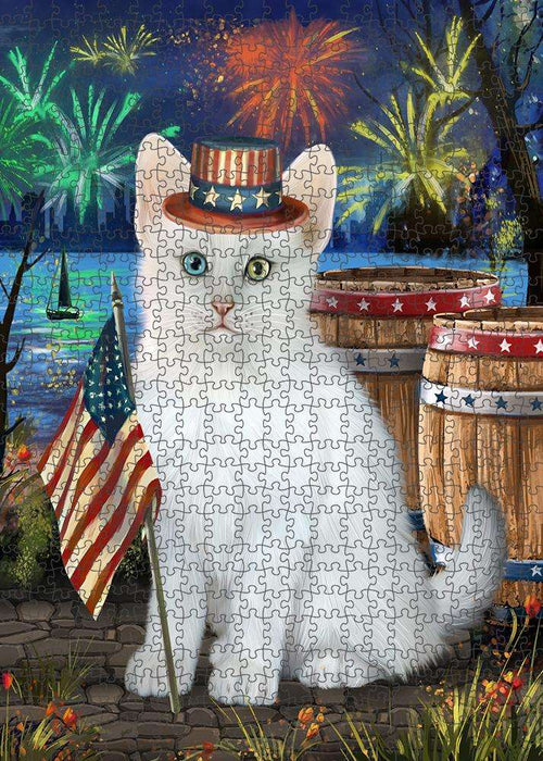 4th of July Independence Day Firework Turkish Angora Cat Puzzle with Photo Tin PUZL83548