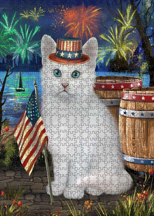 4th of July Independence Day Firework Turkish Angora Cat Puzzle with Photo Tin PUZL83552