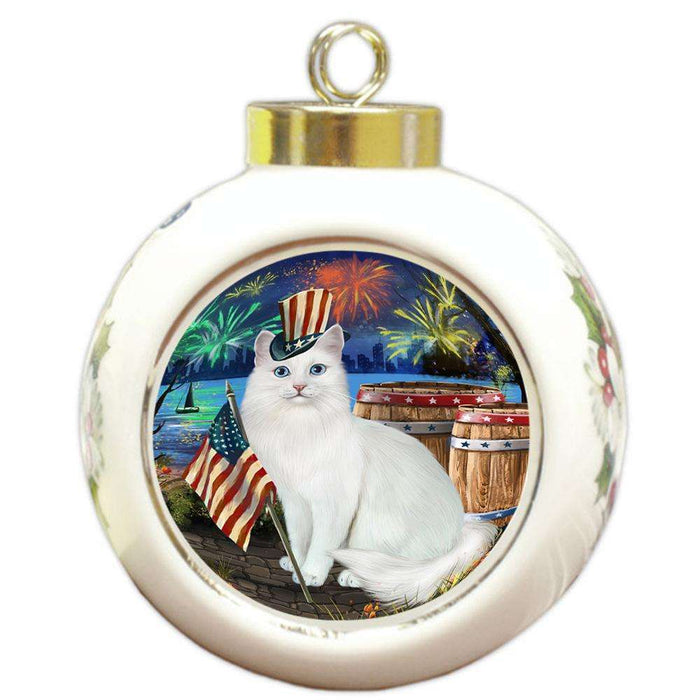 4th of July Independence Day Firework Turkish Angora Cat Round Ball Christmas Ornament RBPOR54096