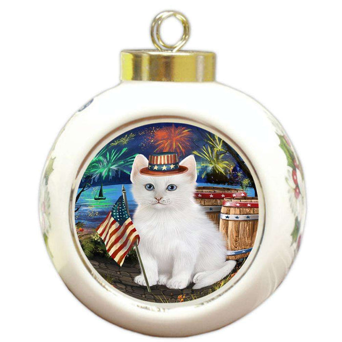 4th of July Independence Day Firework Turkish Angora Cat Round Ball Christmas Ornament RBPOR54097