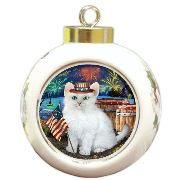 4th of July Independence Day Firework Turkish Angora Cat Round Ball Christmas Ornament RBPOR54098