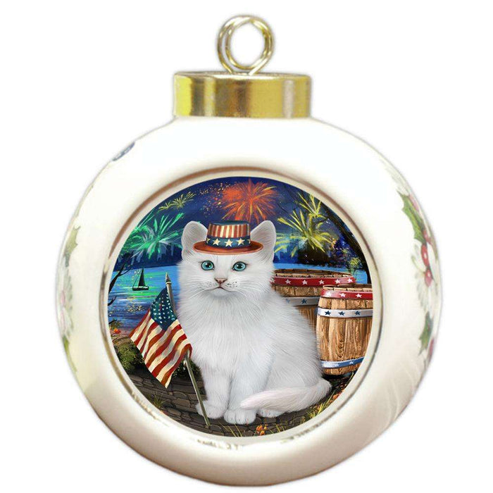 4th of July Independence Day Firework Turkish Angora Cat Round Ball Christmas Ornament RBPOR54099