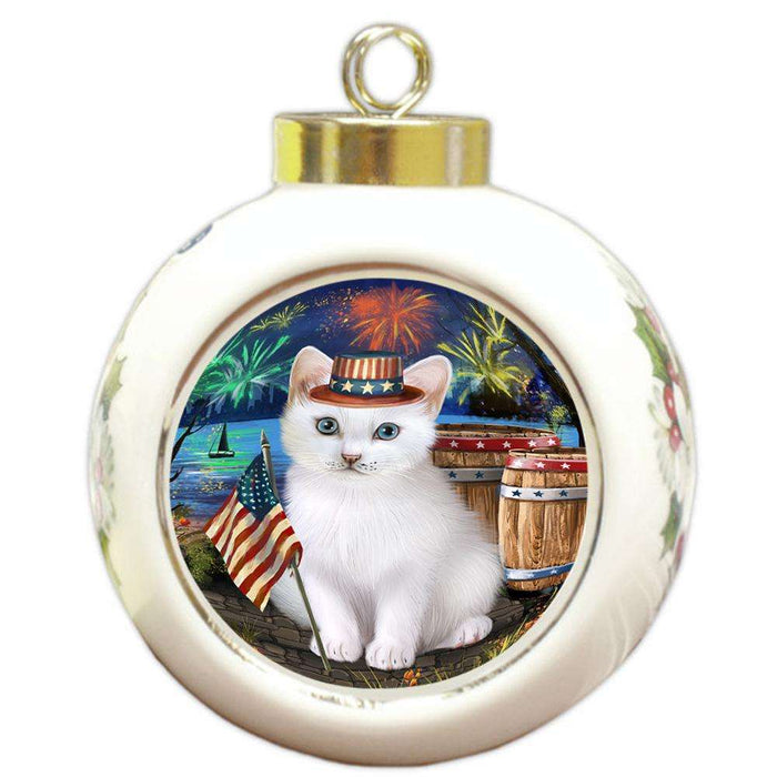 4th of July Independence Day Firework Turkish Angora Cat Round Ball Christmas Ornament RBPOR54100