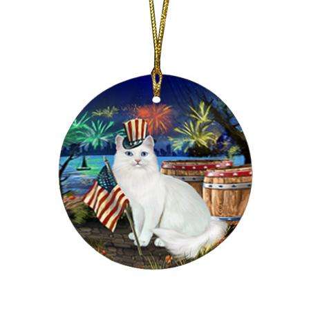 4th of July Independence Day Firework Turkish Angora Cat Round Flat Christmas Ornament RFPOR54087