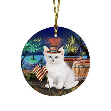 4th of July Independence Day Firework Turkish Angora Cat Round Flat Christmas Ornament RFPOR54088