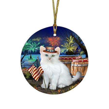 4th of July Independence Day Firework Turkish Angora Cat Round Flat Christmas Ornament RFPOR54089