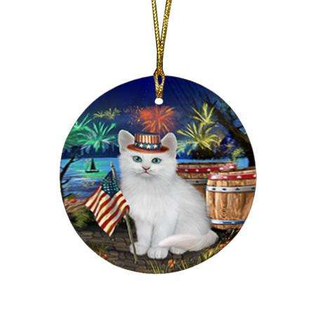 4th of July Independence Day Firework Turkish Angora Cat Round Flat Christmas Ornament RFPOR54090