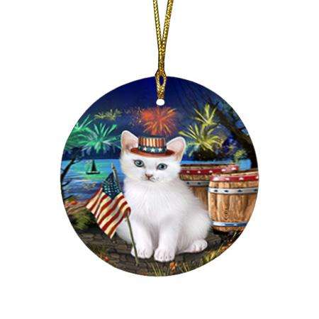 4th of July Independence Day Firework Turkish Angora Cat Round Flat Christmas Ornament RFPOR54091