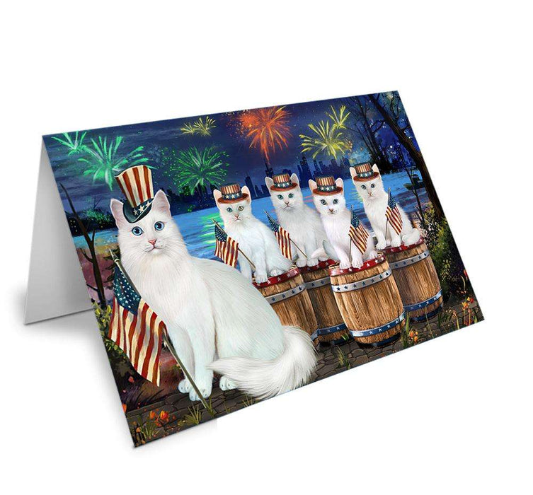 4th of July Independence Day Firework Turkish Angora Cats Handmade Artwork Assorted Pets Greeting Cards and Note Cards with Envelopes for All Occasions and Holiday Seasons GCD66389