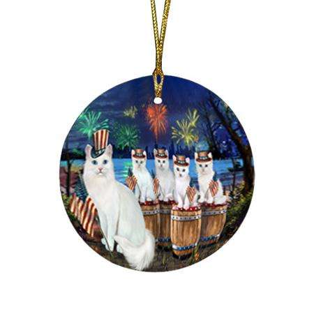 4th of July Independence Day Firework Turkish Angora Cats Round Flat Christmas Ornament RFPOR54111