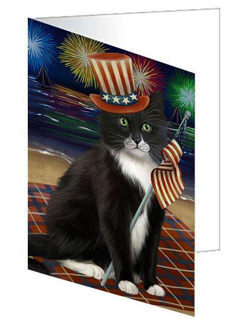 4th of July Independence Day Firework Tuxedo Cat Handmade Artwork Assorted Pets Greeting Cards and Note Cards with Envelopes for All Occasions and Holiday Seasons GCD61418