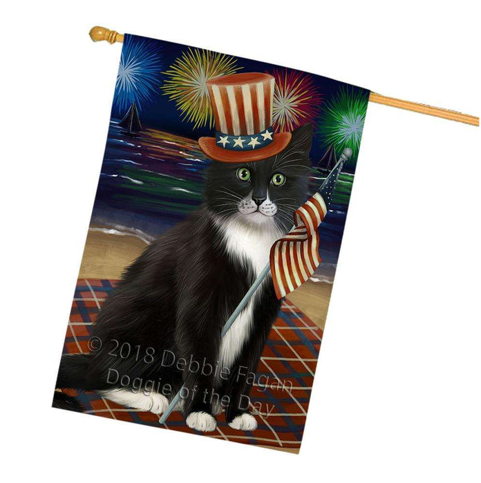 4th of July Independence Day Firework Tuxedo Cat House Flag FLG52206