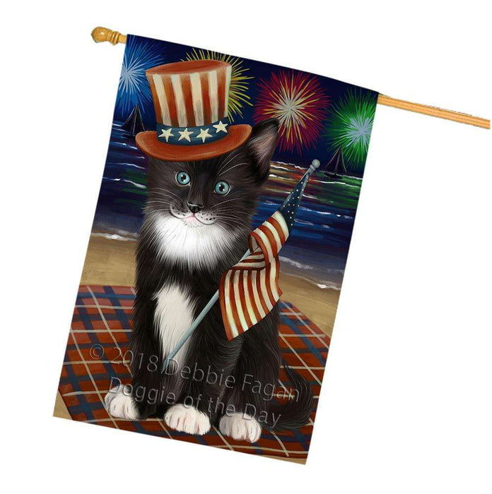 4th of July Independence Day Firework Tuxedo Cat House Flag FLG52208