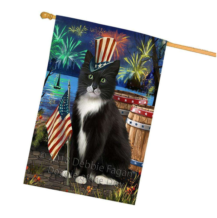 4th of July Independence Day Firework Tuxedo Cat House Flag FLG54299