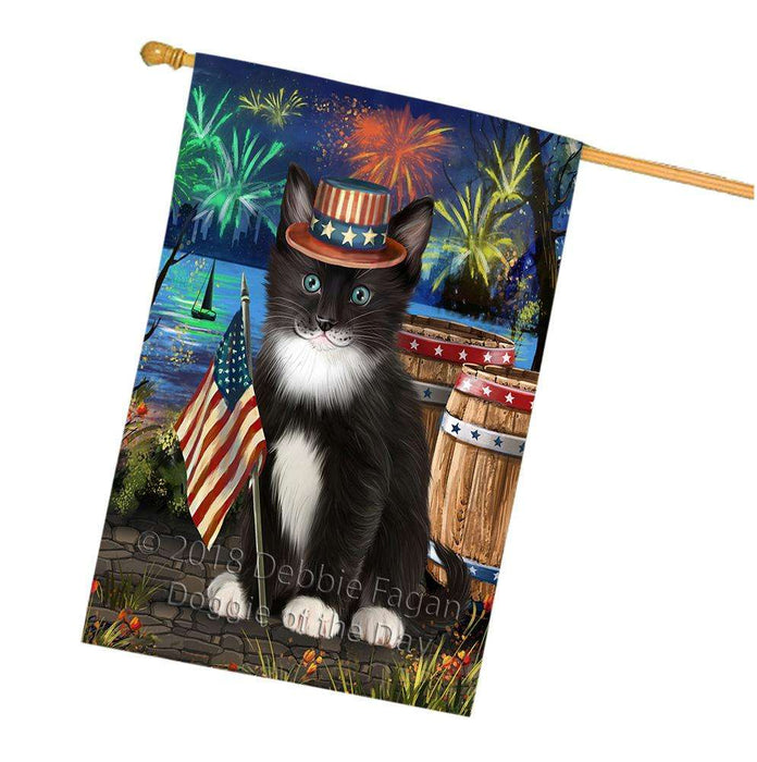 4th of July Independence Day Firework Tuxedo Cat House Flag FLG54300