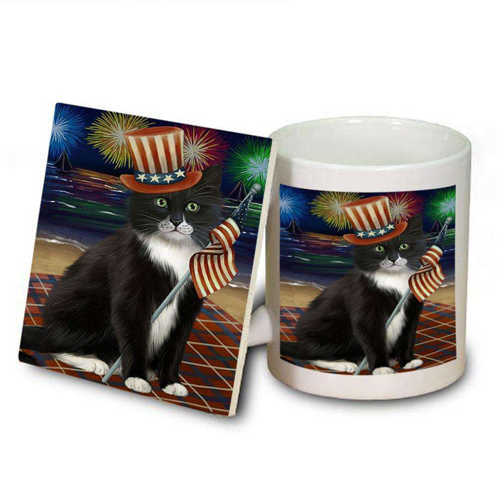 4th of July Independence Day Firework Tuxedo Cat Mug and Coaster Set MUC52065