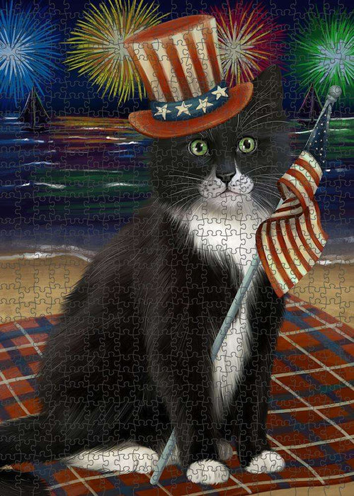 4th of July Independence Day Firework Tuxedo Cat Puzzle with Photo Tin PUZL61320