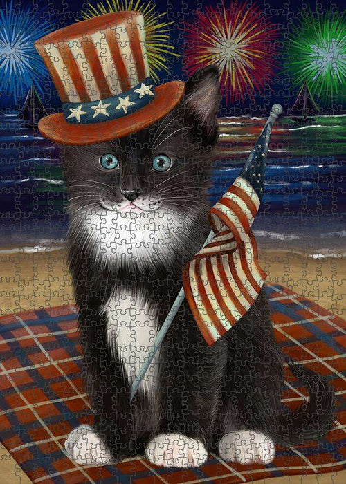 4th of July Independence Day Firework Tuxedo Cat Puzzle with Photo Tin PUZL61326