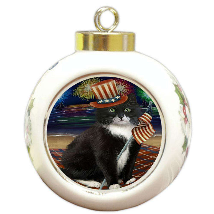 4th of July Independence Day Firework Tuxedo Cat Round Ball Christmas Ornament RBPOR52073